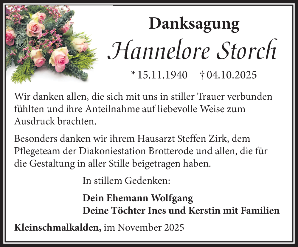  Traueranzeige für Hannelore Storch vom 01.11.2025 aus Südthüringer Presse