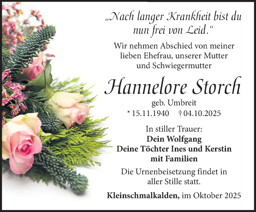  Traueranzeige für Hannelore Storch vom 11.10.2025 aus Südthüringer Presse