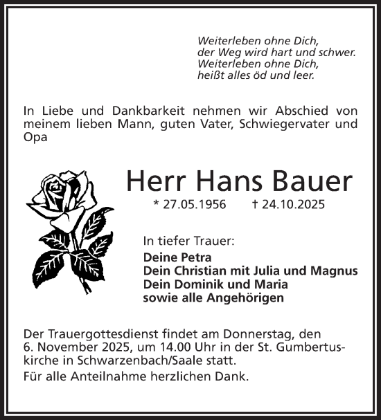 Traueranzeige von Hans Bauer von Frankenpost