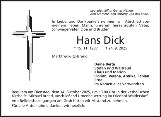 Traueranzeige von Hans Dick von Frankenpost