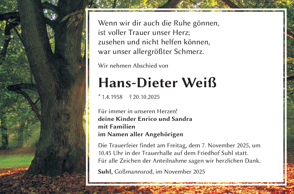  Traueranzeige für Hans-Dieter Weiß vom 01.11.2025 aus Südthüringer Presse