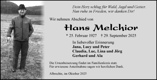 Traueranzeige von Hans Melchior von Südthüringer Presse