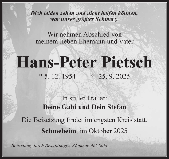 Traueranzeige von Hans-Peter Pietsch von Südthüringer Presse