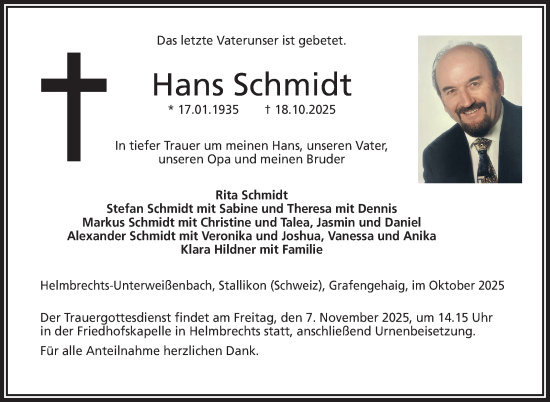 Traueranzeige von Hans Schmidt von Frankenpost