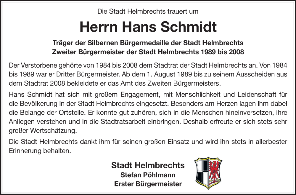  Traueranzeige für Hans Schmidt vom 31.10.2025 aus Frankenpost