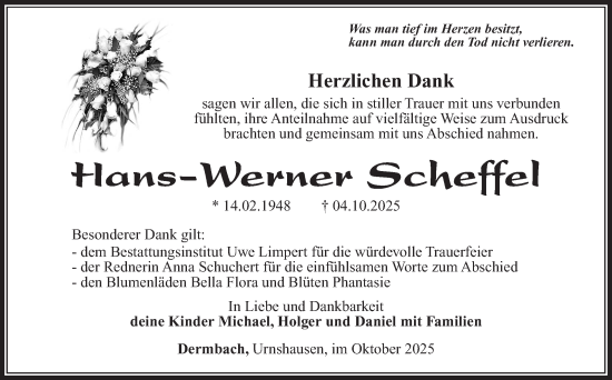 Traueranzeige von Hans-Werner Scheffel von Südthüringer Presse