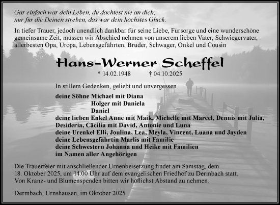Traueranzeige von Hans-Werner Scheffel von Südthüringer Presse