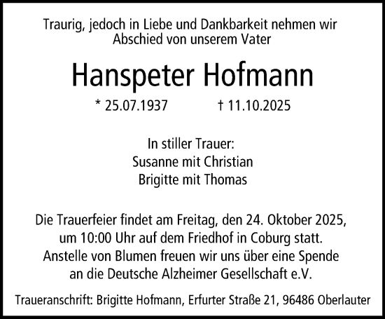 Traueranzeige von Hanspeter Hofmann von Neue Presse Coburg