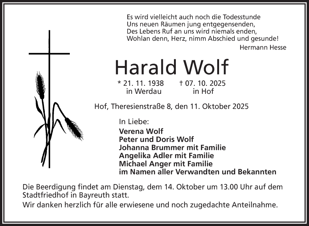  Traueranzeige für Harald Wolf vom 11.10.2025 aus Frankenpost
