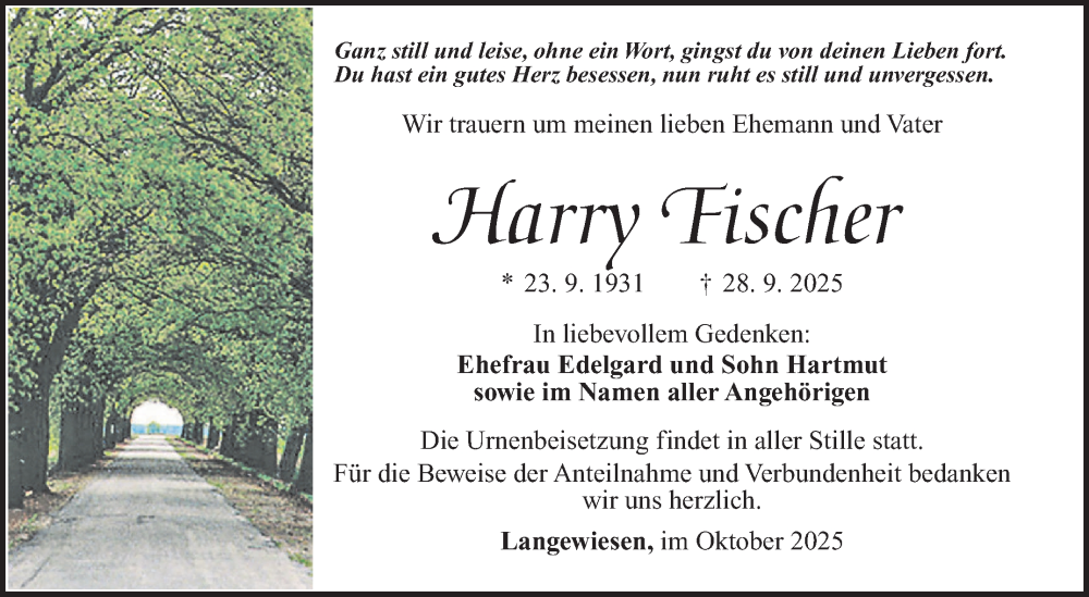  Traueranzeige für Harry Fischer vom 18.10.2025 aus Südthüringer Presse