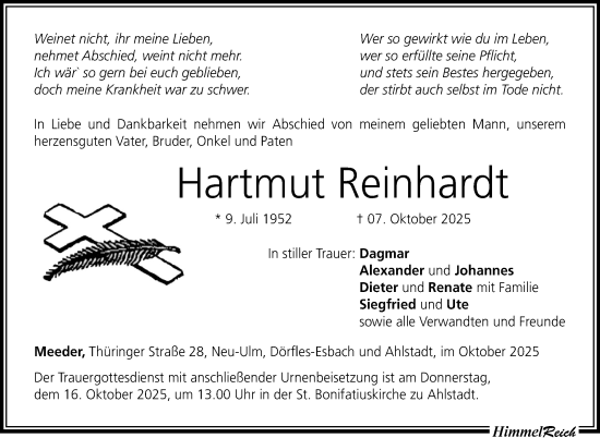Traueranzeige von Hartmut Reinhardt von Neue Presse Coburg