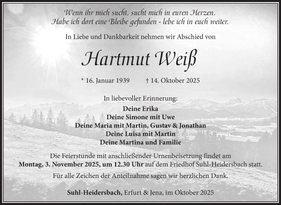 Traueranzeige von Hartmut Weiß von Südthüringer Presse
