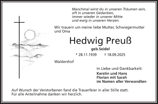 Traueranzeige von Hedwig Preuß von Frankenpost