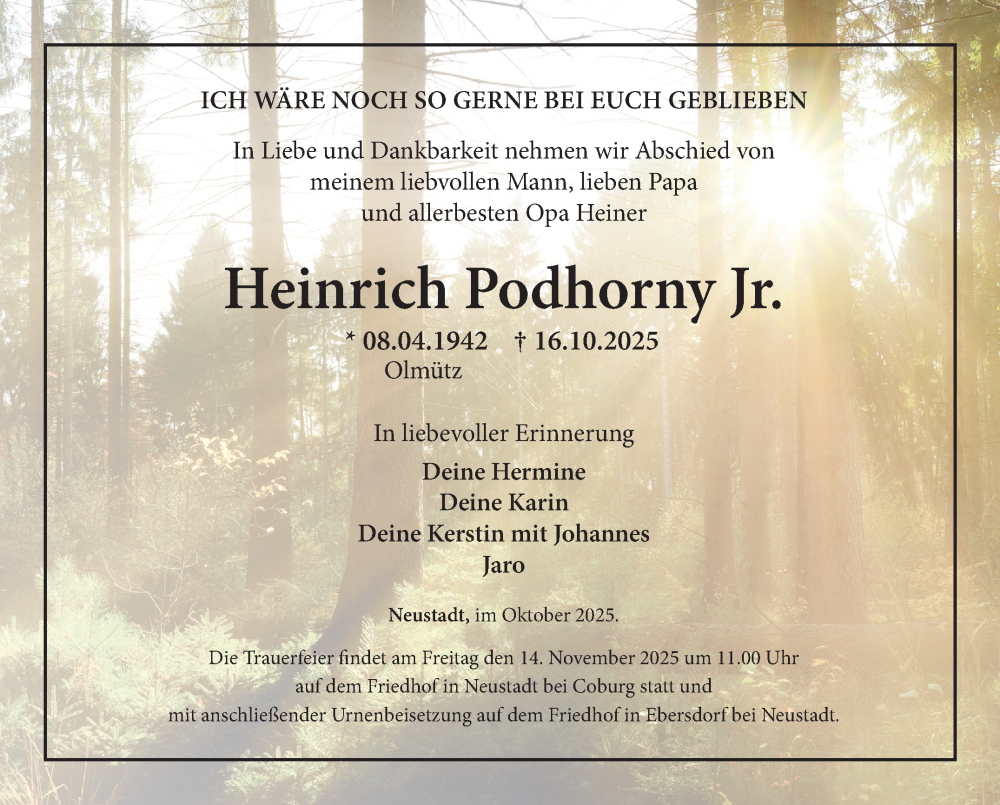  Traueranzeige für Heinrich Podhorny vom 25.10.2025 aus Neue Presse Coburg