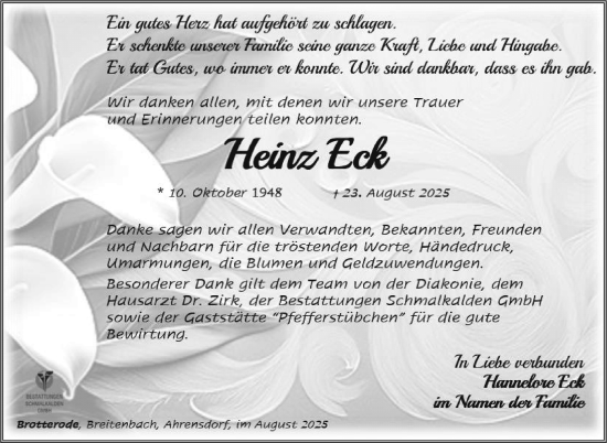 Traueranzeige von Heinz Eck von Südthüringer Presse