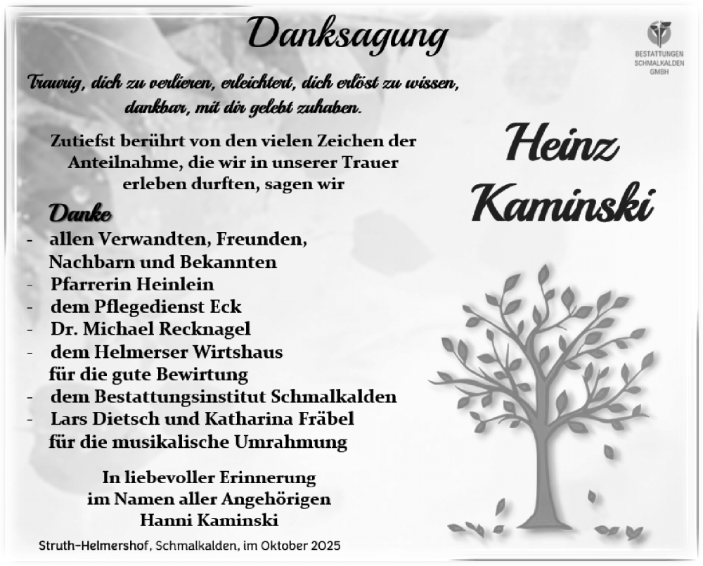  Traueranzeige für Heinz Kaminski vom 25.10.2025 aus Südthüringer Presse