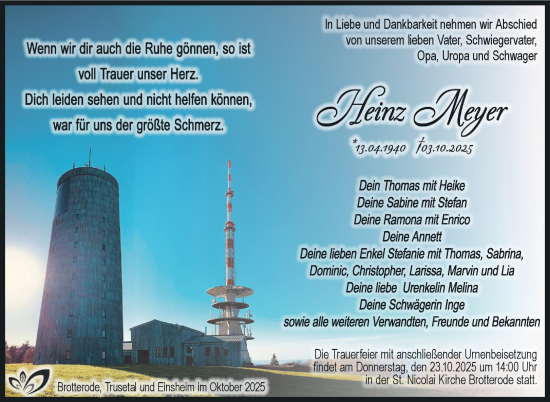 Traueranzeige von Heinz Meyer von Südthüringer Presse