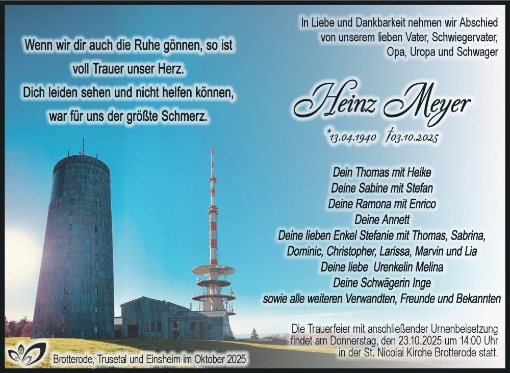  Traueranzeige für Heinz Meyer vom 18.10.2025 aus Südthüringer Presse