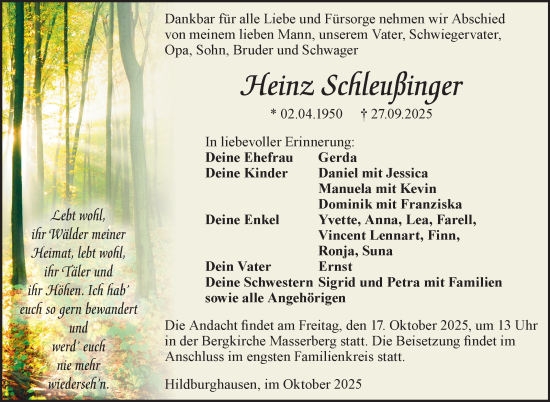 Traueranzeige von Heinz Schleußinger von Südthüringer Presse