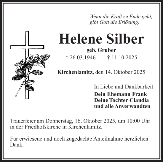 Traueranzeige von Helene Silber von Frankenpost