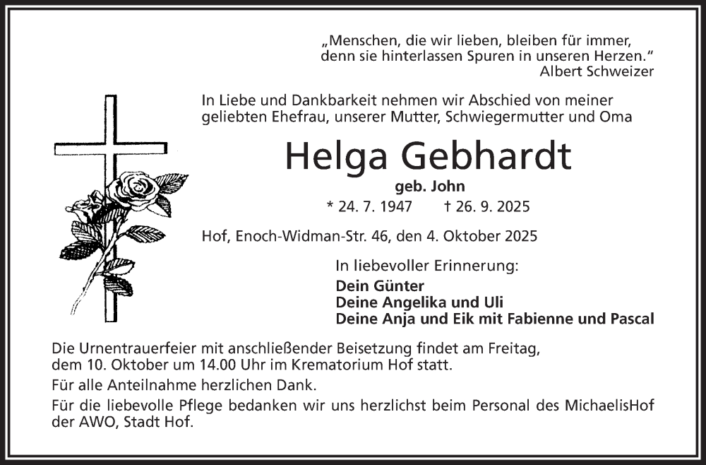  Traueranzeige für Helga Gebhardt vom 04.10.2025 aus Frankenpost