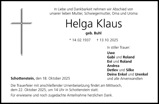 Traueranzeige von Helga Klaus von Neue Presse Coburg