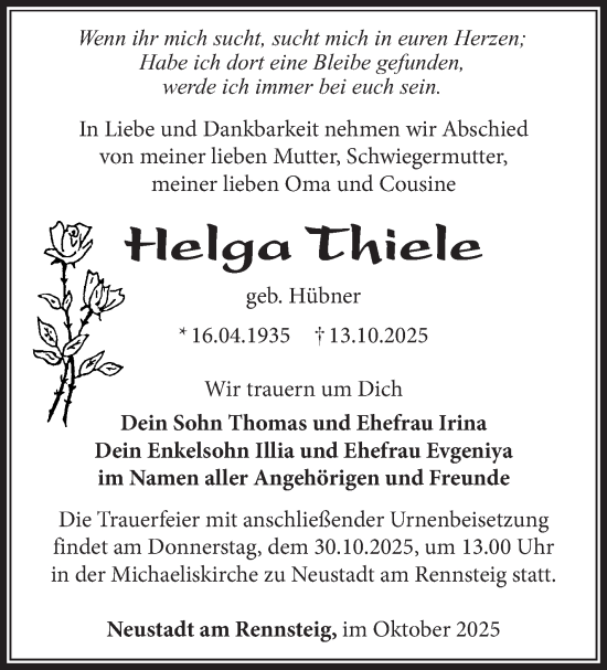 Traueranzeige von Helga Thiele von Südthüringer Presse