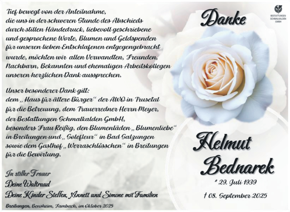  Traueranzeige für Helmut Bednarek vom 11.10.2025 aus Südthüringer Presse