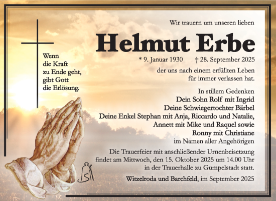 Traueranzeige von Helmut Erbe von Südthüringer Presse