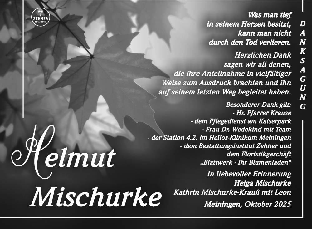  Traueranzeige für Helmut Mischurke vom 10.10.2025 aus Südthüringer Presse
