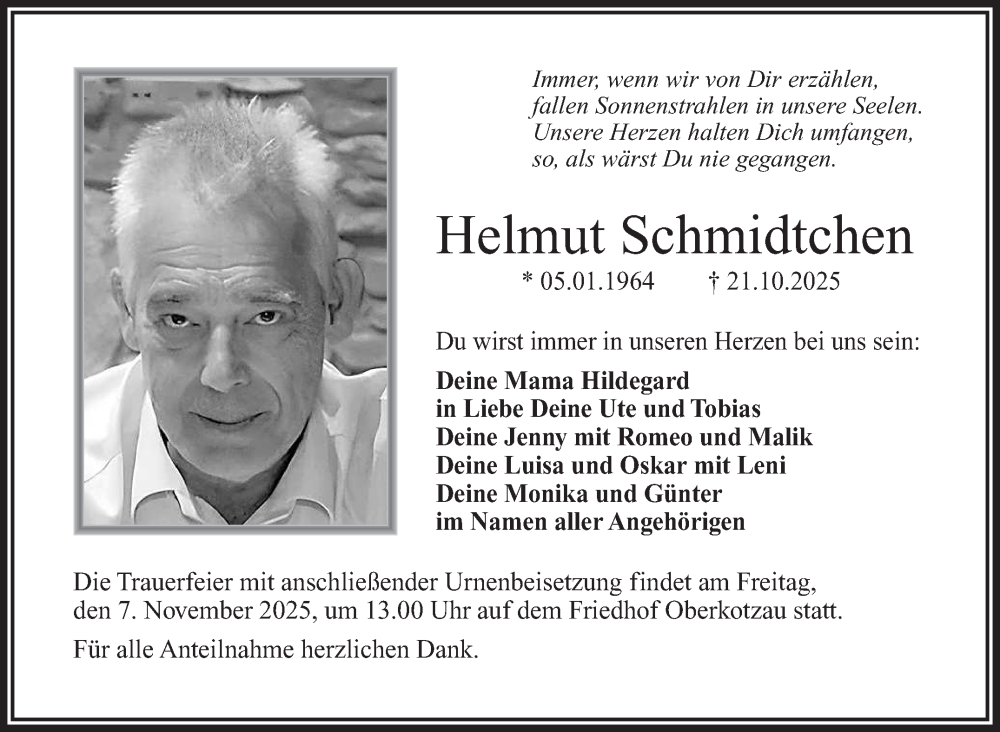  Traueranzeige für Helmut Schmidtchen vom 31.10.2025 aus Frankenpost
