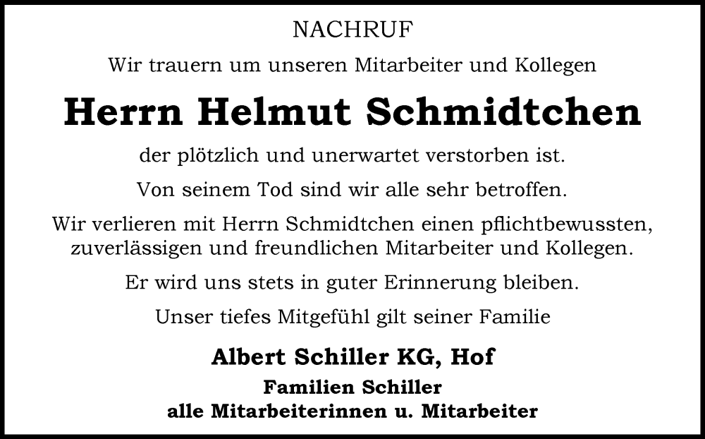  Traueranzeige für Helmut Schmidtchen vom 31.10.2025 aus Frankenpost