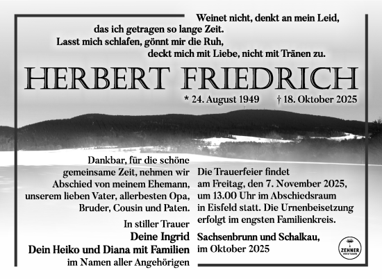 Traueranzeige von Herbert Friedrich von Südthüringer Presse