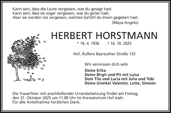 Traueranzeige von Herbert Horstmann von Frankenpost