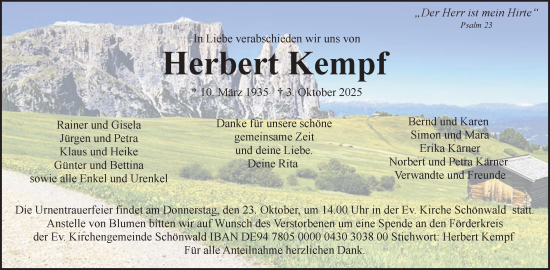 Traueranzeige von Herbert Kempf von Frankenpost