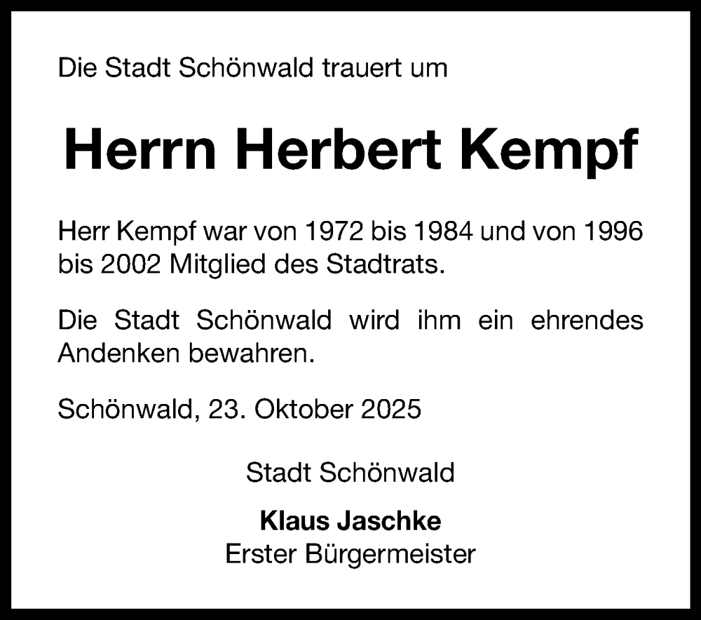  Traueranzeige für Herbert Kempf vom 23.10.2025 aus Frankenpost
