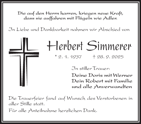 Traueranzeige von Herbert Simmerer von Frankenpost
