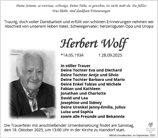 Traueranzeige von Herbert Wolf von Südthüringer Presse