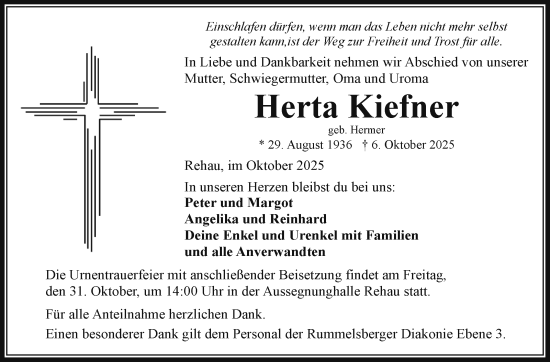 Traueranzeige von Herta Kiefner von Frankenpost