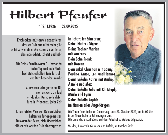Traueranzeige von Hilbert Pfeufer von Südthüringer Presse