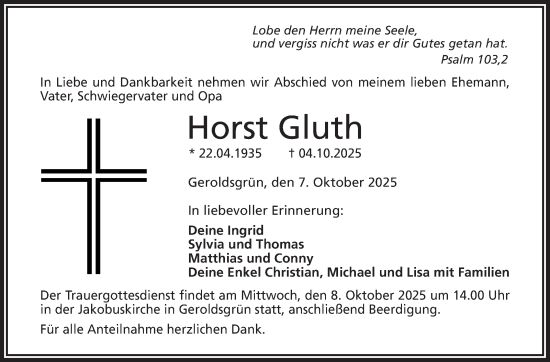 Traueranzeige von Horst Gluth von Frankenpost