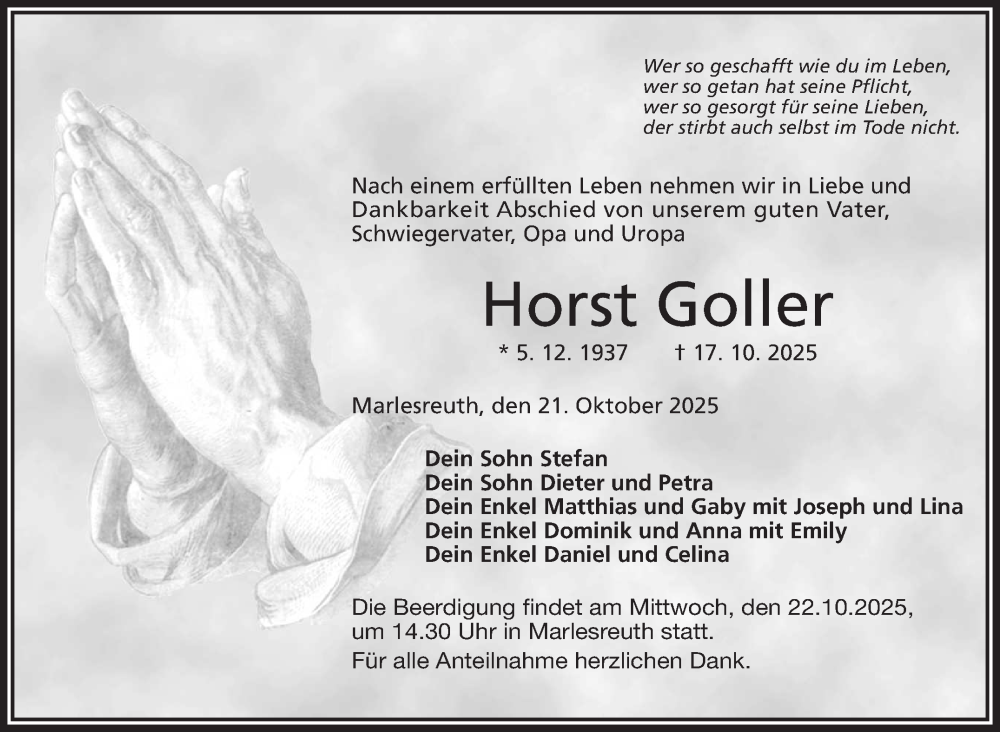  Traueranzeige für Horst Goller vom 21.10.2025 aus Frankenpost