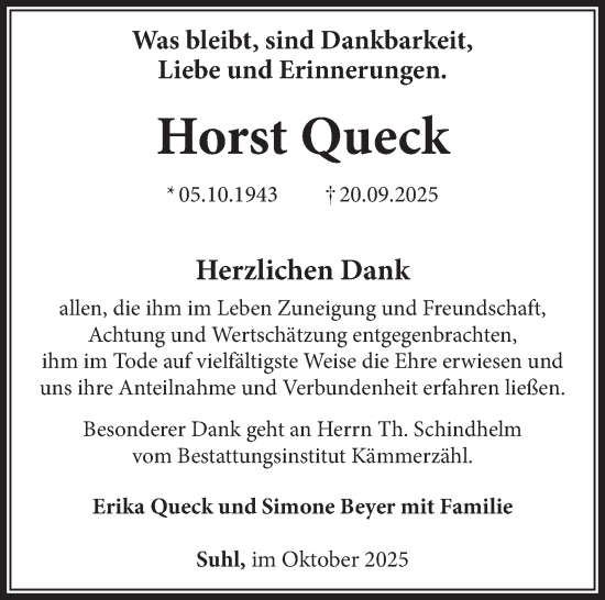 Traueranzeige von Horst Queck von Südthüringer Presse