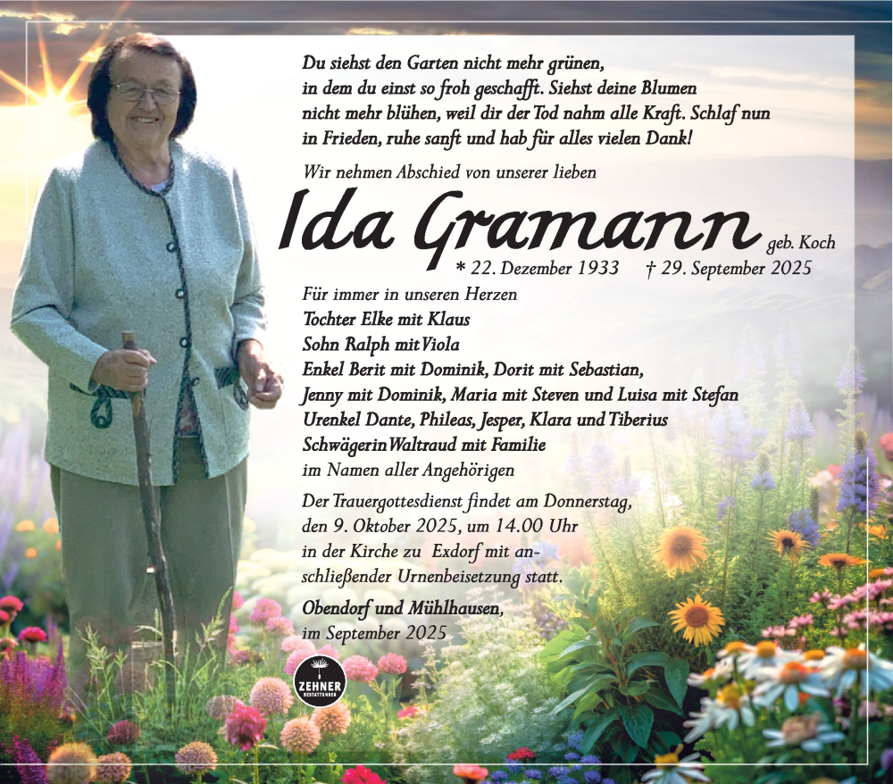  Traueranzeige für Ida Gramann vom 04.10.2025 aus Südthüringer Presse