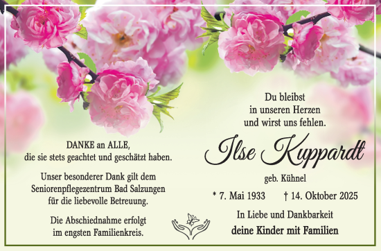 Traueranzeige von Ilse Kuppardt von Südthüringer Presse