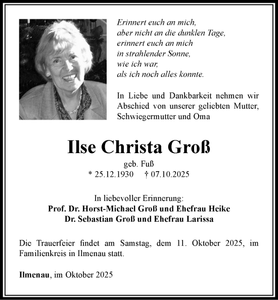 Traueranzeige von Ilse Christa Groß von Südthüringer Presse