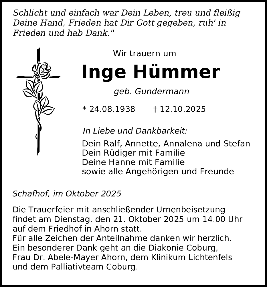  Traueranzeige für Inge Hümmer vom 18.10.2025 aus Neue Presse Coburg
