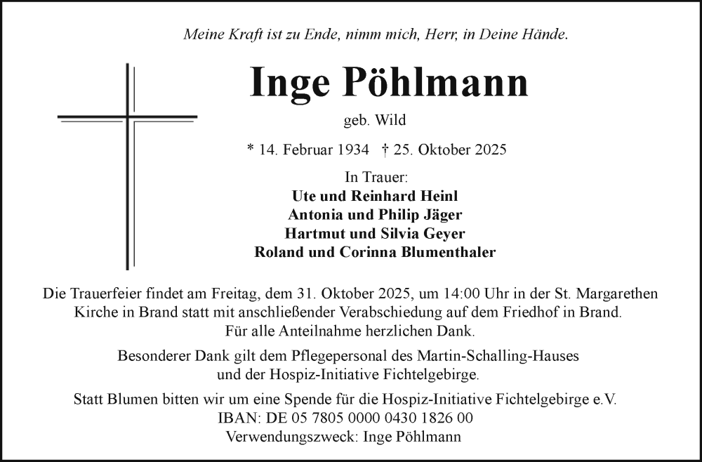  Traueranzeige für Inge Pöhlmann vom 29.10.2025 aus Frankenpost