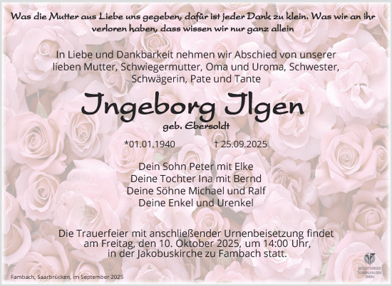 Traueranzeige von Ingeborg Ilgen von Südthüringer Presse