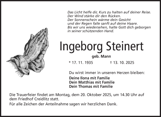 Traueranzeige von Ingeborg Steinert von Neue Presse Coburg